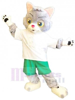 Grey and White Cat Mascot Costume Animal in Green Pants