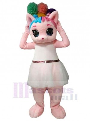 Pink Cat Mascot Costume Animal in White Dress