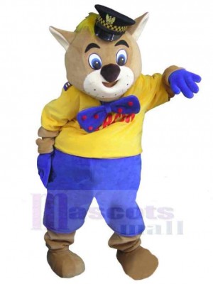 Cartoon Khaki Cat Sheriff Mascot Costume Animal in Blue Pants