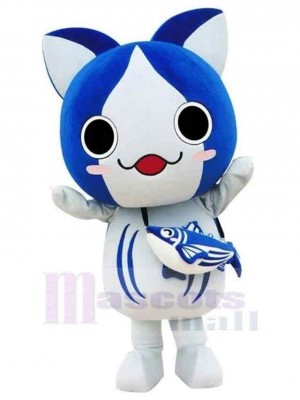 Blue and White Cat Carrying Fish Bag Mascot Costume Cartoon