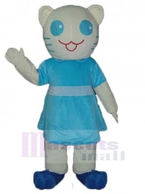 White Cat Mascot Costume Animal in Blue Dress