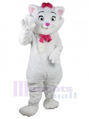 Pretty White Cat Mascot Costume Animal with Pink Tie