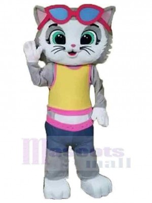 Casual Gray Cat Mascot Costume Animal with Glasses