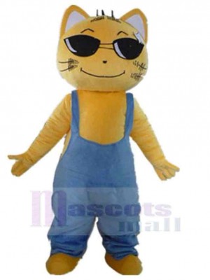 Smiling Yellow Cat Mascot Costume Animal in Blue Overalls