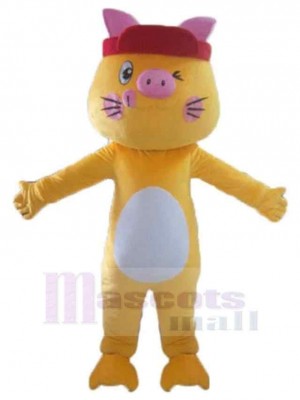 Yellow Cat Mascot Costume Animal with Pink Ears