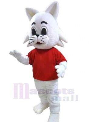 White Cat Mascot Costume Animal in Red T-shirt
