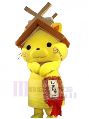 Yellow Cat Mascot Costume Animal with A House Roof Over the Head