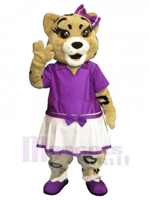 Brown Cat Mascot Costume Animal in Purple Dress