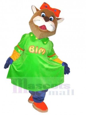 Happy Brown Cat Mascot Costume Animal in Green Dress