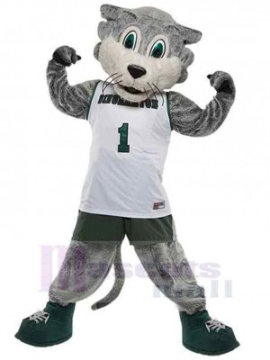 Gray And White Cat Mascot Costume Animal in White Sportswear