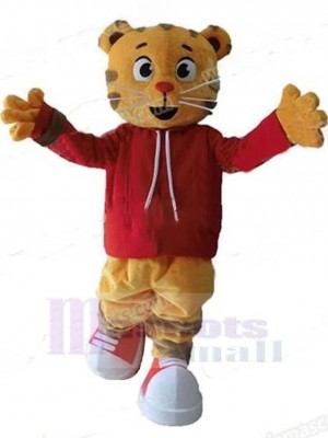 Orange And Gray Cat Mascot Costume Animal in Red Clothes
