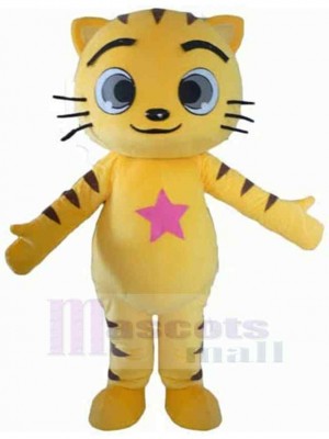 Yellow And Black Cat Mascot Costume Animal with Pink Star on the Belly
