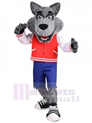 Happy College Gray Wolf Mascot Costume Animal in Red and White Clothes