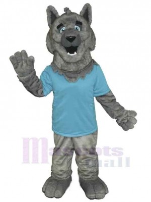 Waving Gray Wolf Mascot Costume Animal in Blue T-shirt