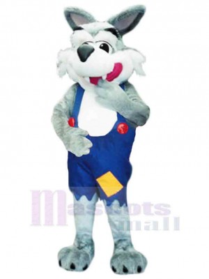 Friendly Wolf Mascot Costume Animal in Blue Overalls
