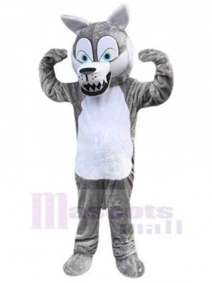 Comical Gray Wolf Mascot Costume Animal with Blue Eyes