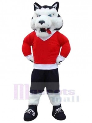 White Sport Wolf Mascot Costume Animal in Red Clothes