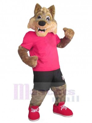 Sharp Teeth Brown Wolf Mascot Costume Animal in Pink T-shirt