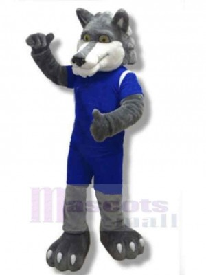 Power Grey Wolf Mascot Costume Animal in Blue Sportswear