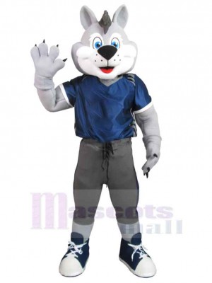 Light Gray Wolf Mascot Costume Animal in Blue T-shirt