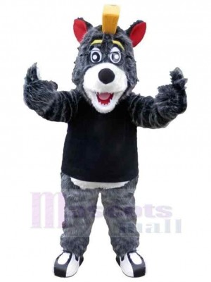 Cheering Grey Wolf Mascot Costume Animal with Red Ears