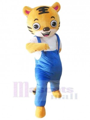 Tiger Mascot Costume Animal in Blue Overalls