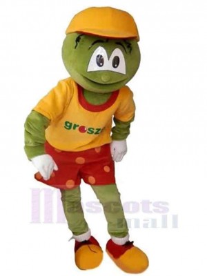 Green Snowman Mascot Costume with Yellow Hat