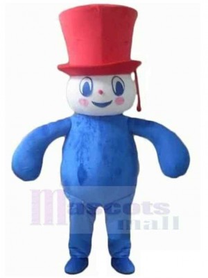 Blue Snowman Mascot Costume with Red Hat
