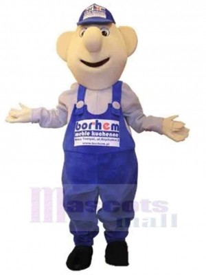 Cute Snowman Mascot Costume in Blue Overalls