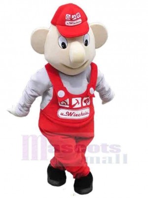 Cute Snowman Mascot Costume in Red Overalls