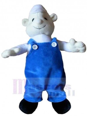 White Snowman Mascot Costume in Blue Overalls