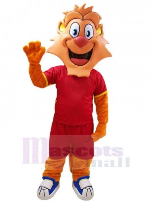 Happy Lion Mascot Costume Animal in Red Sportswear