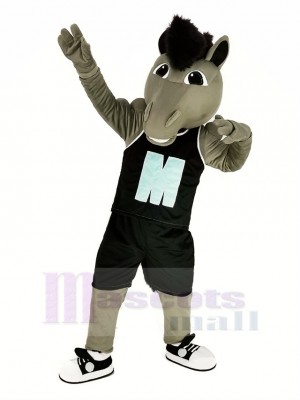 Grey Power Mustang Horse with Black Sportswear Mascot Costume