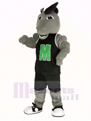 Grey Mustang Horse in Black Sportswear Mascot Costume