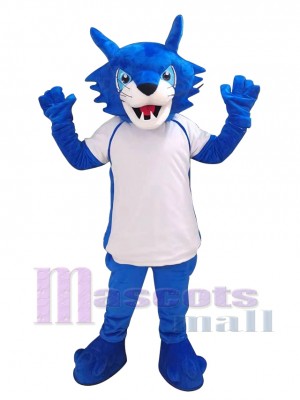 Sparkling Blue Bobcat in White Sports Shirts Mascot Costume Animal
