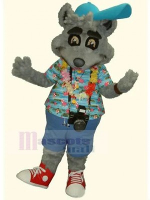 Gray Photographer Dog Mascot Costume with Blue Aloha Shirt Animal