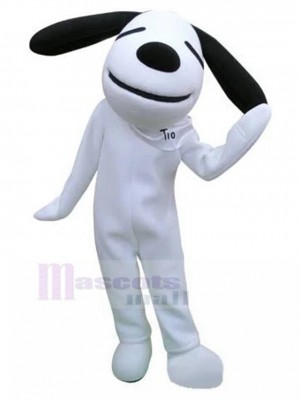 Smiling White Dog Mascot Costume with Dropping Black Ears Animal