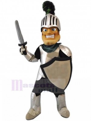 Smiling Knight with Silver Helmet Mascot Costume People