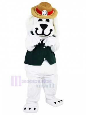 Smiling White Dog in Black Vest Mascot Costume with Brown Hat Animal