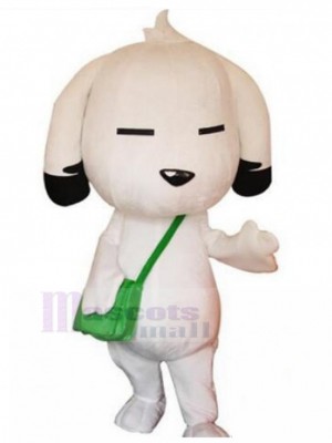 Long-eared White Dog Mascot Costume with Green Shoulder Bag Animal