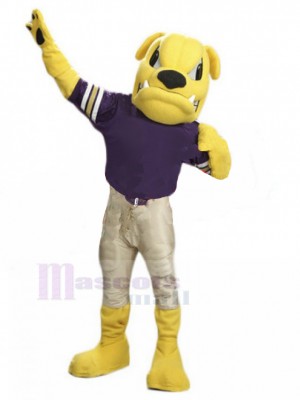 Fierce Yellow British Bulldog Mascot Costume in Beige Jeans Animal