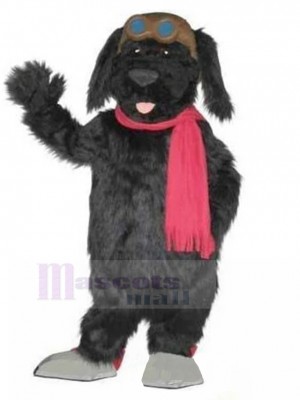 Furry Black Pilot Dog Mascot Costume with Red Scarf Animal
