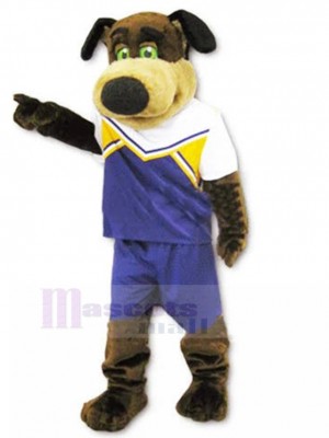 Brown Foxhound Dog Mascot Costume with Navy and White Jersey Animal