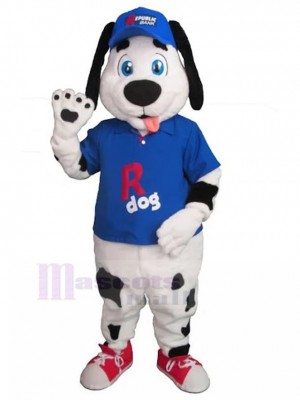 Black Spotted Dalmatian Dog Mascot Costume with Blue Baseball Suit Animal