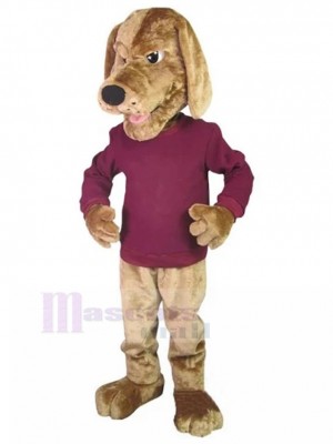 Serious Golden Pointer Dog Mascot Costume Animal in Dark Rose Red Shirt