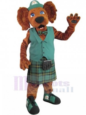 Brown Irish Setter Dog Mascot Costume in Green Work Uniform Animal