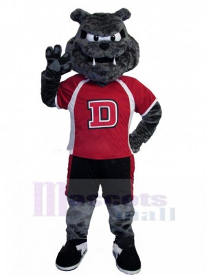 Energetic Athlete Grey Bulldog Mascot Costume in Red T-shirt Animal