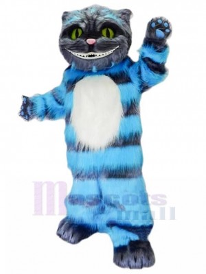 Smiling Cheshire Cat Mascot Costume with Blue Fur Cartoon