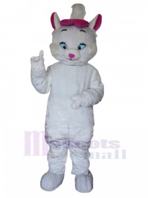 White Cat Mascot Costume with Pink Red Hat Animal