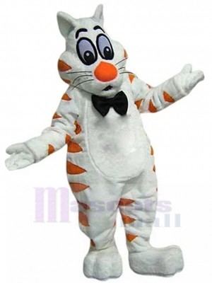 Fat White and Orange Cat Mascot Costume with Black Bow Tie Animal